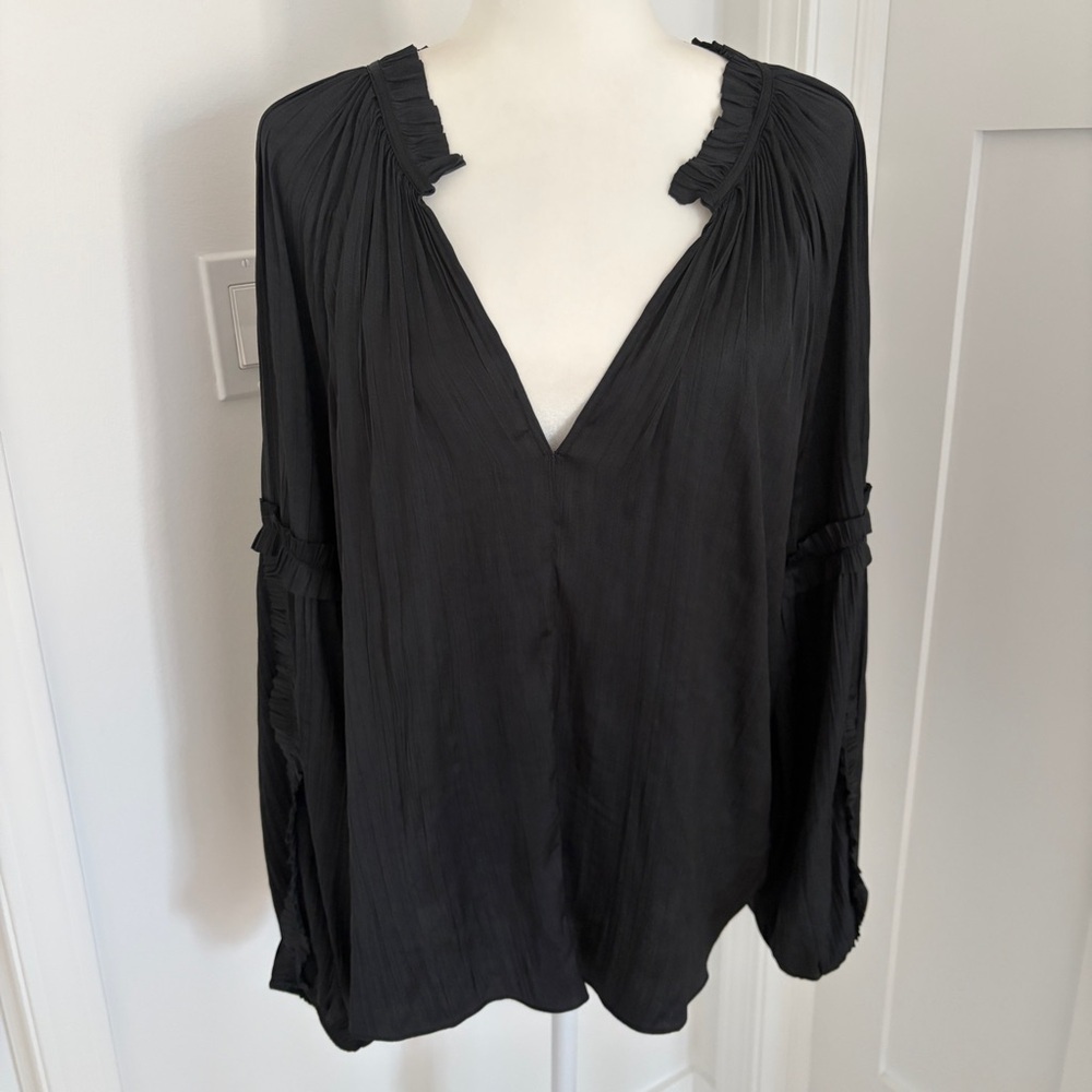 Roan + Ryan Blouse XL Black Boho Ruffle V Neck Balloon Sleeve Flowy Top*J6
